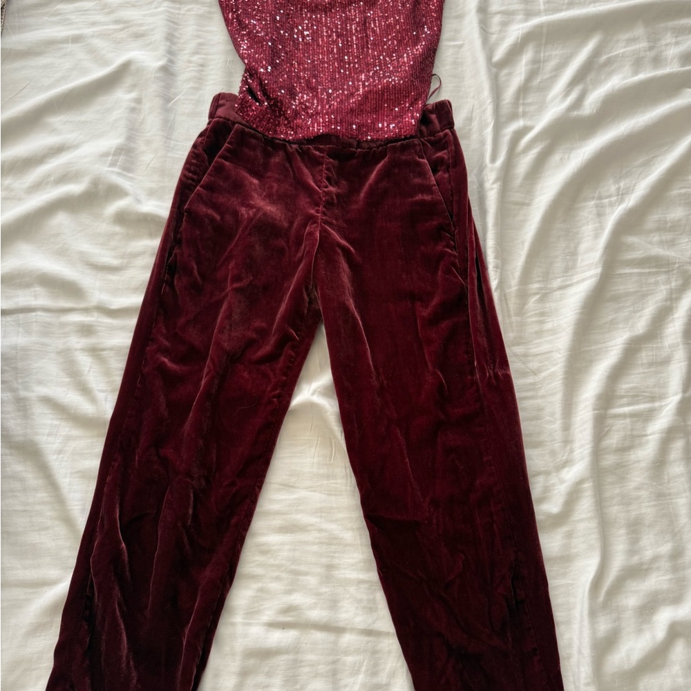 Endless Rose Red sequin  top -M
J crew velvet elastic waist pants - 6

Both NWOT